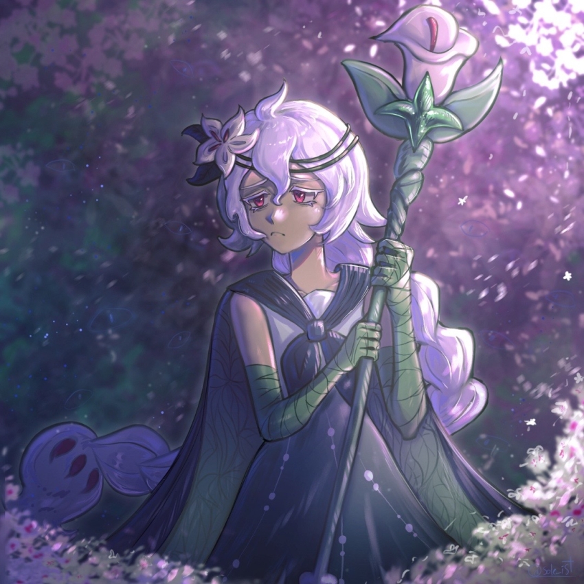 1girl, braid, calla_lily, cape, closed_mouth, cookie_run, cookie_run:_kingdom, dress