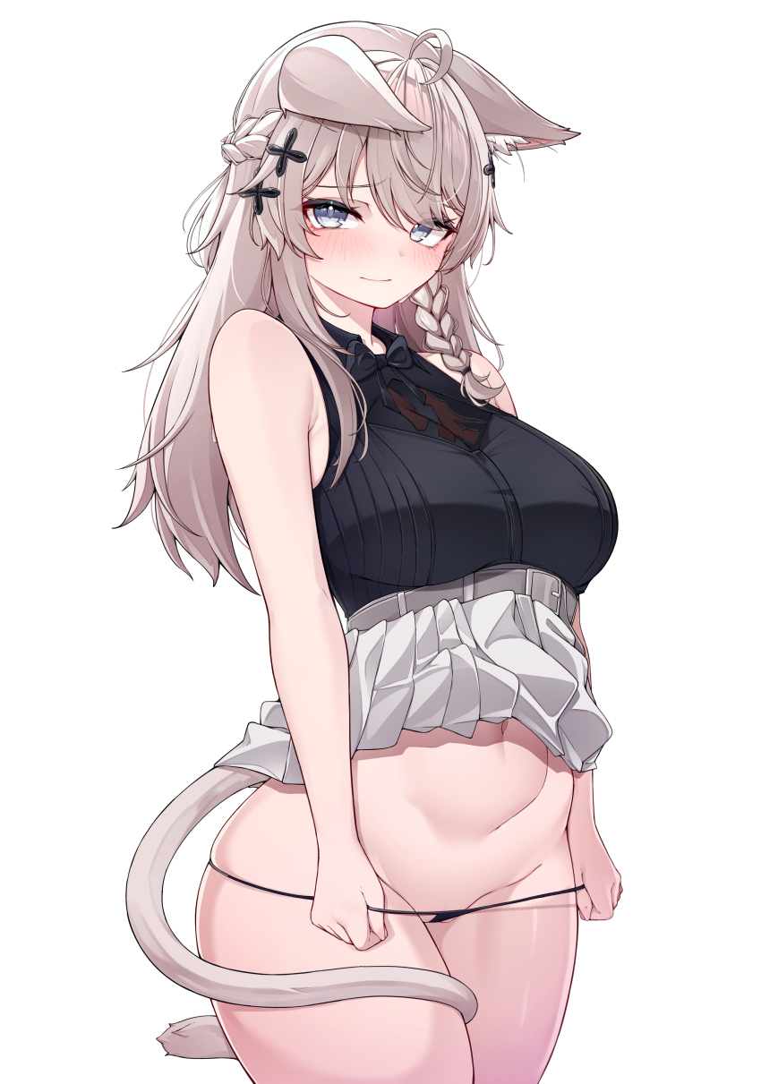 1girl, 5danny1206, absurdres, ahoge, animal_ear_fluff, animal_ears, bare_shoulders, black_panties, black_shirt, blue_eyes, blush, bow, bowtie, braid, breasts, cat_ears, cat_girl, cat_tail, closed_mouth, clothes_lift, collared_shirt, cowboy_shot, cropped_legs, grey_eyes, grey_hair, grey_skirt, groin, hair_ornament, highres, large_breasts, lifting_own_clothes, long_hair, looking_at_viewer, lowleg, lowleg_panties, miqo'te, navel, panties, panty_pull, shinano_(vrchat), shirt, simple_background, skirt, skirt_lift, sleeveless, sleeveless_shirt, smile, solo, tail, thighs, underwear, vrchat, white_background, white_skirt