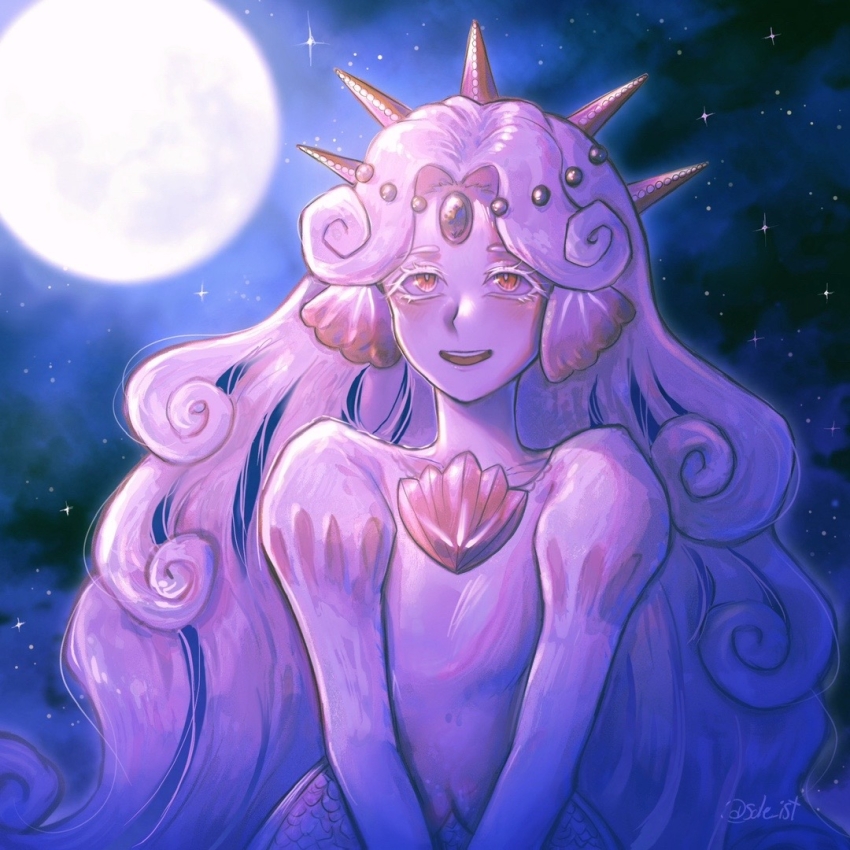 1girl, black_pearl_cookie, cloud_hair, colored_eyelashes, colored_skin, cookie_run, cookie_run:_kingdom, coral_hair_ornament