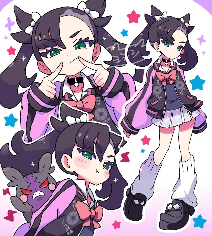 black_hair, black_shoes, bow, choker, earrings, fingersmile, gen_8_pokemon, green_eyes, hair_bow, highres, jacket, jewelry, loose_socks, marnie_(academy)_(pokemon), marnie_(pokemon), morpeko, morpeko_(hangry), multiple_views, nintendo, open_clothes, open_jacket, pokemon, pokemon_masters_ex, pout, school_uniform, shoes, simple_background, single_earring, skirt, socks, star_(symbol), two_side_up, white_background, yoshishi_(yosisitoho)