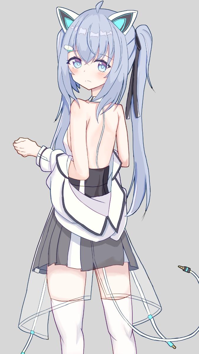 1girl, ahoge, animal_ears, back, backless_outfit, bare_back, bare_shoulders, black_ribbon