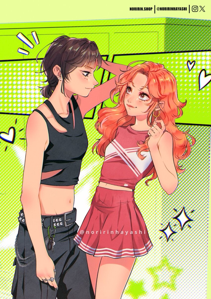 2girls, arm_up, baggy_pants, bare_shoulders, belt, black_eyes, black_hair, black_pants