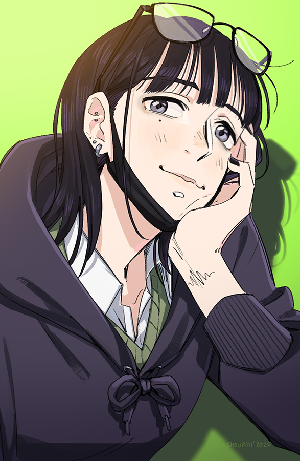 1girl, artist_name, black-framed_eyewear, black_hair, black_hoodie, closed_mouth, collared_shirt, commentary_request