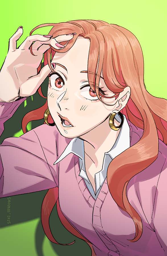 1girl, brown_hair, cardigan, collared_shirt, commentary_request, earrings, green_background, hand_up