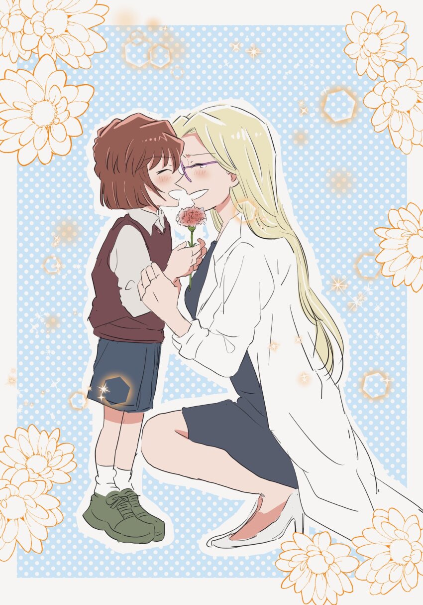 2girls, ^_^, beeemaru02, blonde_hair, blush, closed_eyes, commentary, flower