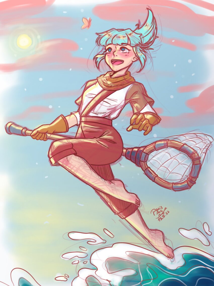 1girl, 2022, artist_name, barefoot, blue_eyes, blue_hair, blush, brown_pants, bug, butterfly, cloud, dated, gloves, highres, insect, jumping, looking_up, net, open_mouth, pants, shirt, sigrid_(wavetale), solo, sun, thunderful, water, waves, wavetale, white_shirt, yahami12, yellow_gloves