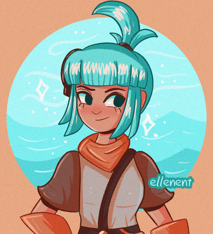 1girl, 2025, artist_name, blue_eyes, blue_hair, blush, brown_sleeves, ellenent, gloves, ponytail, scarf, shirt, sigrid_(wavetale), solo, wavetale, white_shirt, yellow_gloves, yellow_scarf