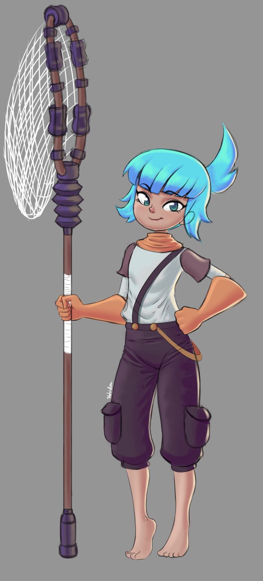 1girl, 2023, absurdres, artist_name, barefoot, blue_hair, ear_visible_through_hair, fist_on_hip, flat_chest, gloves, grey_background, highres, holding, holding_net, holding_staff, pockets_visible, ponytail, scarf, shirt, sigrid_(wavetale), solo, staff, tiptoes, velvidon, wavetale, white_shirt, yellow_gloves, yellow_scarf