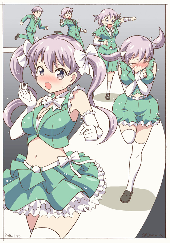 1boy, 1girl, blush, bow, breasts, brown_shoes, business_suit, elbow_gloves