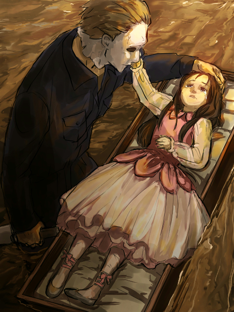 1boy, 1girl, 2013, age_difference, amtoki, brown_hair, child, crying, halloween_(movie), height_difference, holding_another's_face, jamie_lloyd, kneeling, lying, michael_myers, size_difference, uncle_and_niece, white_mask