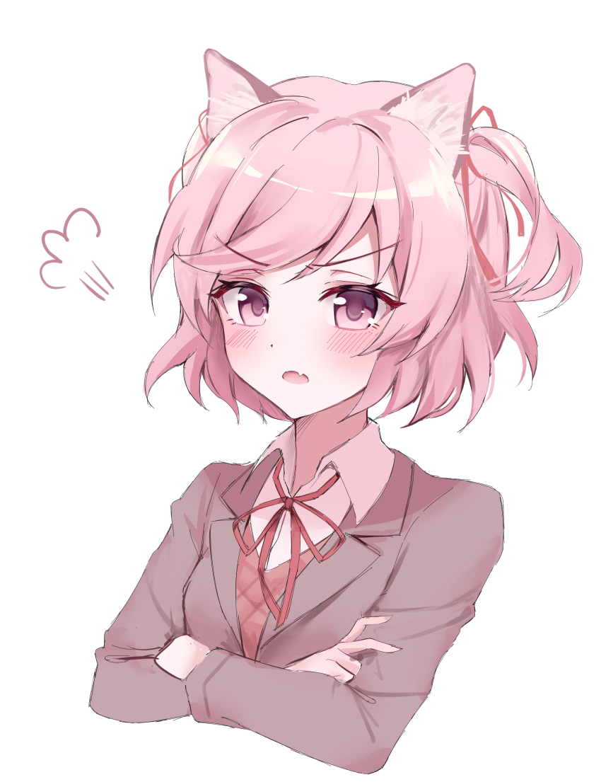 1girl, absurdres, animal_ear_fluff, animal_ears, blazer, blush, breasts, brown_jacket, cat_day, cat_ears, collared_shirt, cropped_torso, crossed_arms, doki_doki_literature_club, doki_doki_literature_club_school_uniform, dot_nose, fang, hair_ribbon, hashtag-only_commentary, highres, jacket, kemonomimi_mode, long_sleeves, looking_at_viewer, natsuki_(doki_doki_literature_club), neck_ribbon, nyako_(x_nyako_x), open_mouth, orange_sweater_vest, pink_eyes, pink_hair, puff_of_air, red_ribbon, ribbon, school_uniform, shirt, short_hair, simple_background, skin_fang, small_breasts, solo, sweater_vest, swept_bangs, two_side_up, white_background, white_shirt
