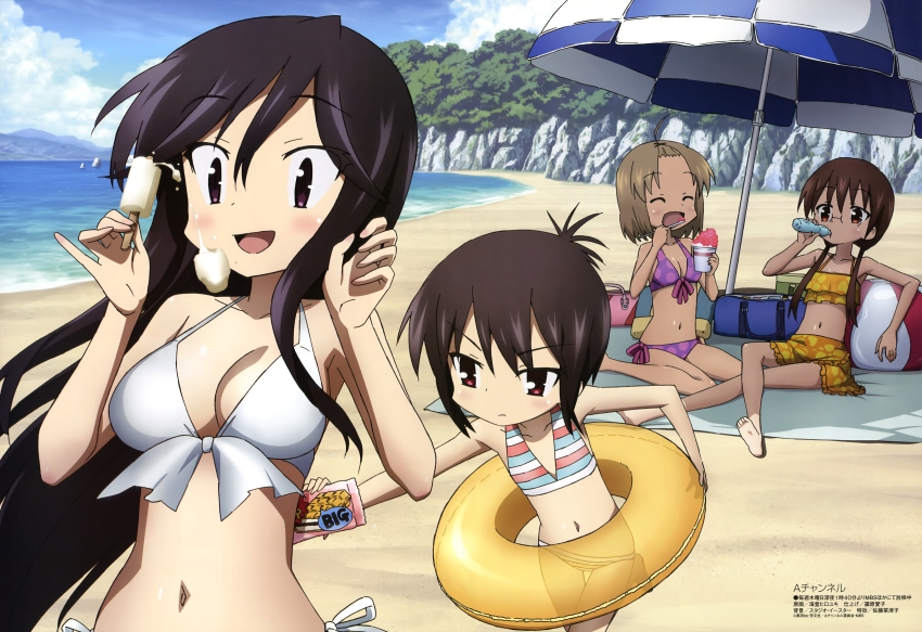 4girls, :d, a_channel, absurdres, barefoot, beach, beach_umbrella, bikini