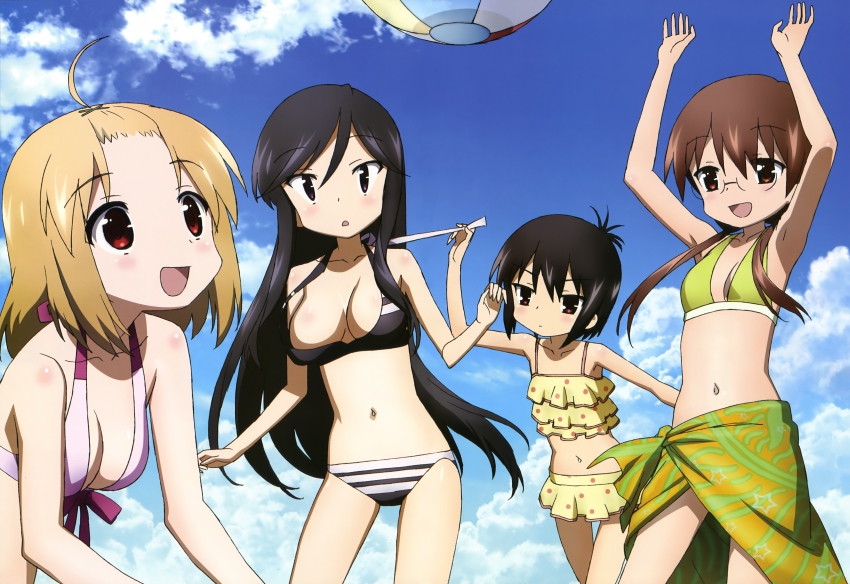 4girls, a_channel, absurdres, ahoge, arms_up, assisted_exposure, ball, beachball, bikini, black_hair, breasts, brown_hair, cleavage, cloud, day, frilled_bikini, frills, glasses, highres, ichii_tooru, long_hair, medium_breasts, momoki_run, multiple_girls, nishi_yuuko, non-web_source, nyantype, official_art, open_clothes, open_mouth, red_eyes, run_(a-channel), sasaki_masakatsu, scan, sky, striped_bikini, striped_clothes, swimsuit, tennouji_nagisa, untied_bikini, very_long_hair, wardrobe_malfunction