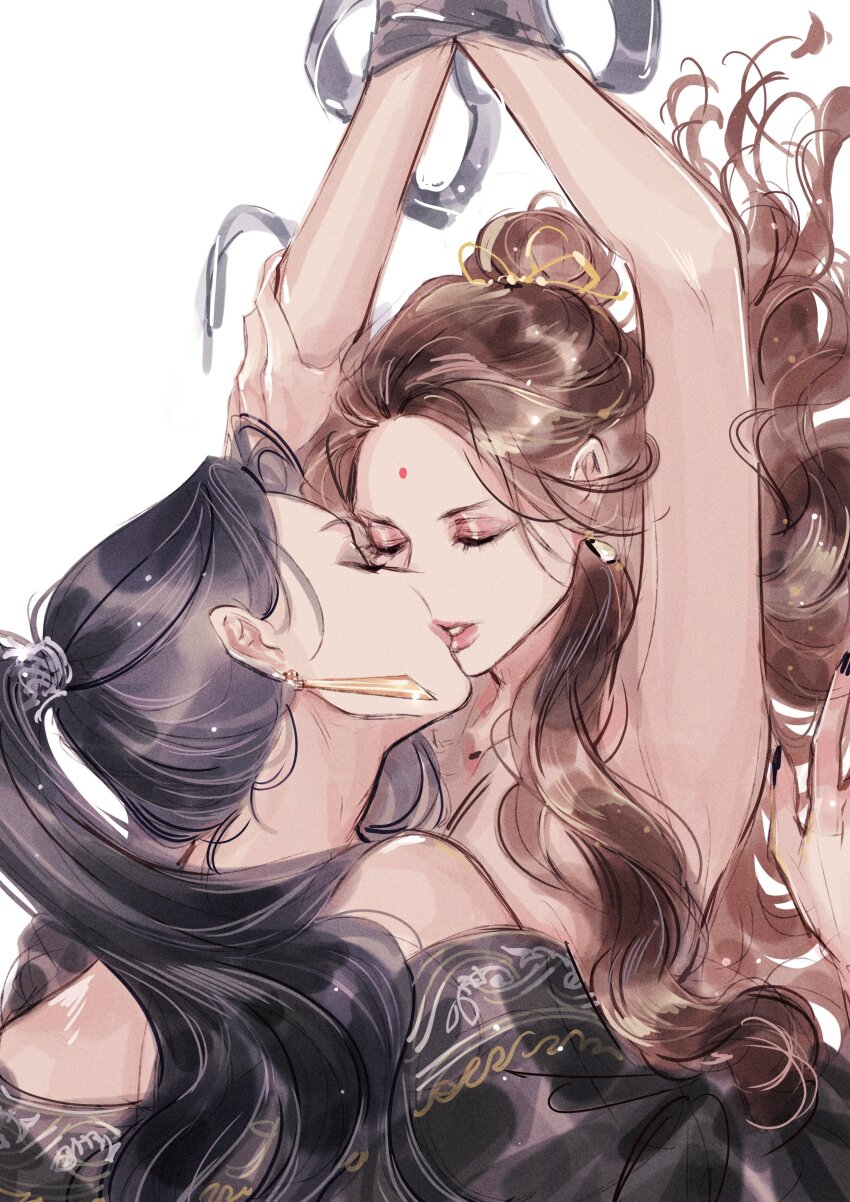 2girls, absurdres, anssel3, black_hair, black_robe, bound, bound_wrists, brown_hair