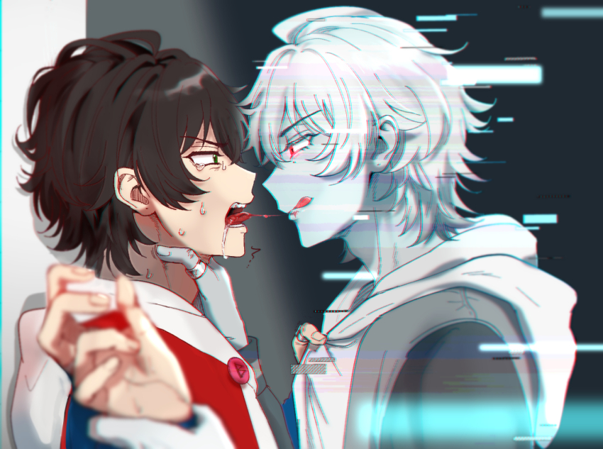 2boys, :q, adam's_apple, after_kiss, against_wall, ahoge, black_hair, blood