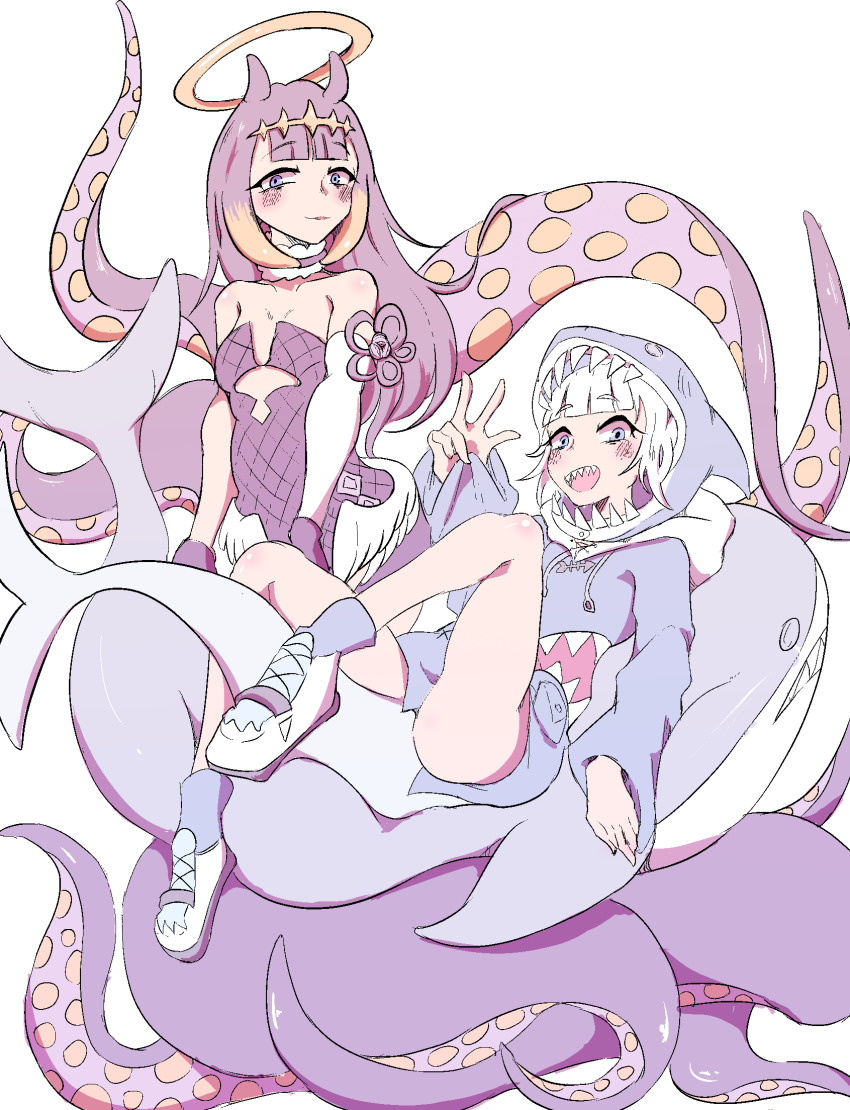 2girls, animal_costume, animal_hood, black_dress, blue_hair, blue_hoodie, blue_socks, bluepudding