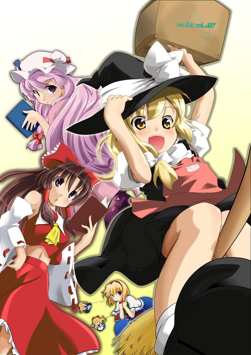 4girls, alice_margatroid, apron, ascot, blonde_hair, blue_eyes, bookshelf, bow, box, broom, broom_riding, brown_eyes, brown_hair, cardboard_box, detached_sleeves, doll, female_focus, hair_bow, hair_tubes, hakurei_reimu, kirisame_marisa, midriff, multiple_girls, navel, patchouli_knowledge, purple_eyes, purple_hair, shanghai_doll, skirt, sorattama, touhou, yellow_eyes
