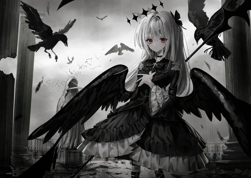 1girl, absurdres, bird, black_bird, black_bow, black_bowtie, black_choker, black_dress