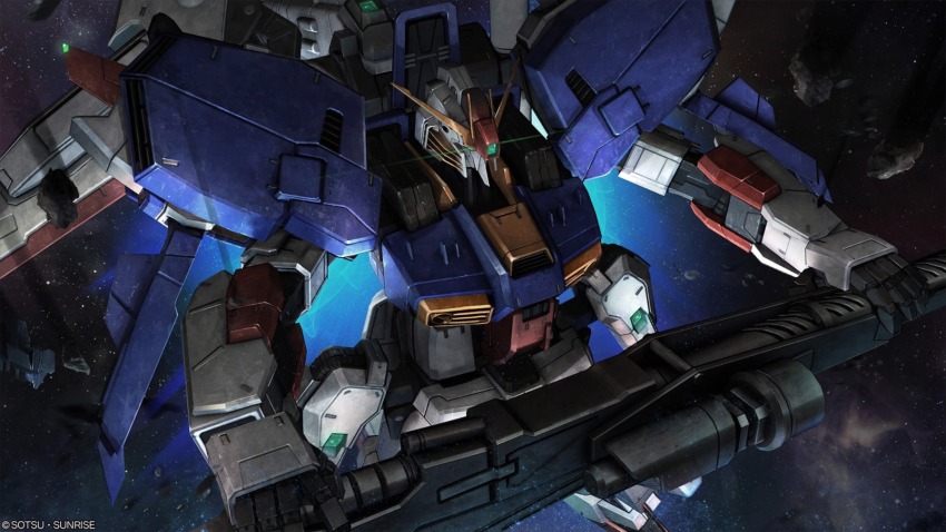 absurdres, artist_request, asteroid, beam_rifle, copyright_logo, energy_gun, ex-s_gundam, gundam