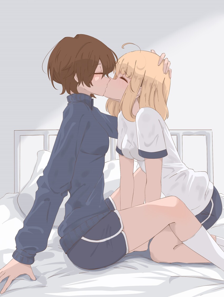 2girls, absurdres, asagao_to_kase-san, between_legs, blonde_hair, blue_jacket, blue_shorts, blush