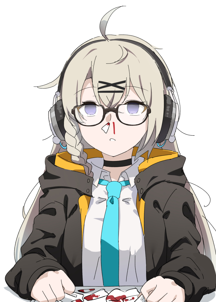 1girl, ahoge, aroused_nosebleed, black-framed_eyewear, black_choker, black_jacket, blonde_hair, blue_archive