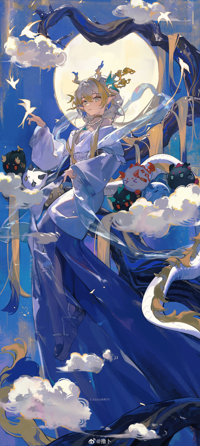 1girl, absurdres, ambience_synesthesia, annotated, arknights, bare_shoulders, blonde_hair, blue_hair, blue_skirt, branch, chinese_commentary, choker, chongyue_(arknights), commentary_request, dragon_bean_(arknights), dragon_girl, dragon_horns, dragon_tail, dress, dusk_(arknights), earrings, eyeliner, floating, full_body, grey_eyes, hagoromo, hair_between_eyes, highres, horns, jewelry, ji_(arknights), ling_(arknights), long_hair, long_skirt, long_sleeves, looking_at_viewer, makeup, multicolored_hair, necklace, nian_(arknights), off_shoulder, official_alternate_costume, on_branch, orange_eyeliner, parted_lips, pearl_necklace, pointy_ears, see-through_clothes, shawl, shu_(arknights), shu_(bingwenyuyou)_(arknights), sitting, skirt, solo, tail, toto_(caaaaarrot), train_(clothing), very_long_hair, wang_(arknights), watermark, weibo_watermark, white_dress, white_hair, white_shawl, wide_sleeves, yellow_choker, yu_(arknights)