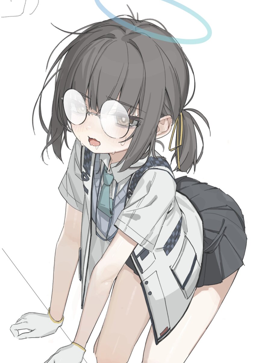 1girl, absurdres, all_fours, blue_archive, blush, collared_shirt, glasses, gloves