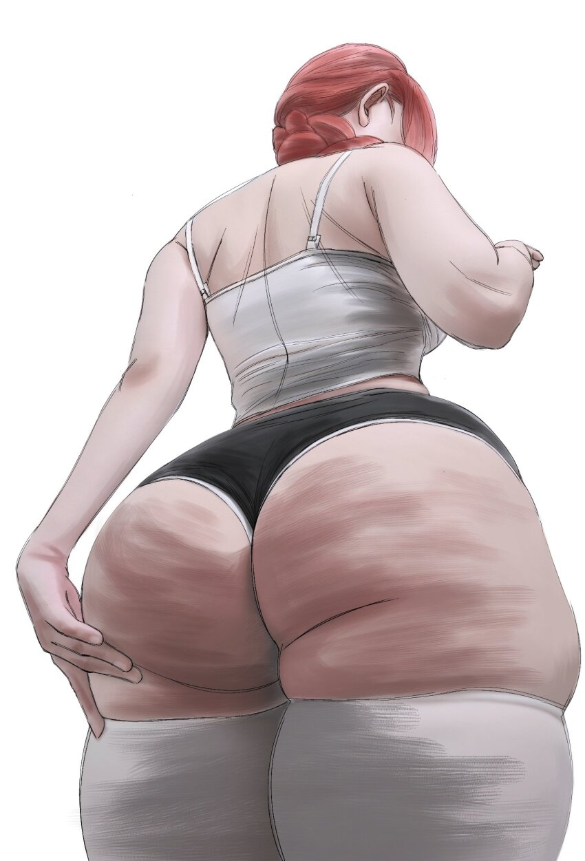 1girl, ass, bare_shoulders, black_shorts, braid, breasts, casual, cellulite, chainsaw_man, commentary, cosplay, crop_top, dolphin_shorts, english_commentary, female_focus, highres, huge_ass, lets_lam3nt, long_hair, low-braided_long_hair, low-tied_long_hair, low_ponytail, makima_(chainsaw_man), makima_(chainsaw_man)_(cosplay), medium_breasts, narrow_waist, peachuu244, ponytail, real_life, red_hair, reference_work, shirt, shorts, sidelocks, solo, taut_clothes, thick_thighs, thighhighs, thighs, white_shirt, white_thighhighs, wide_hips, zeon_(zzeeonn)