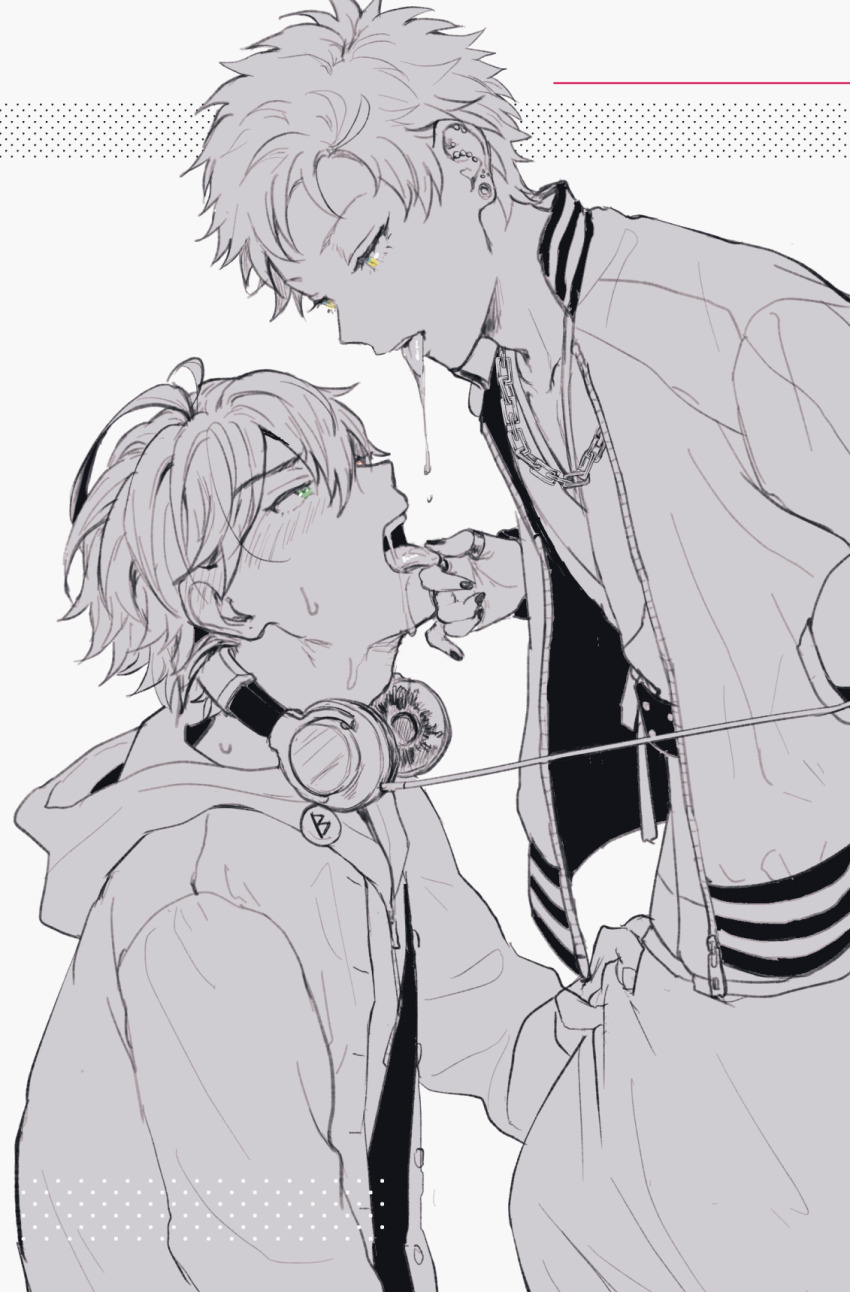 2boys, ahoge, badge, belt, blush, button_badge, chain, chain_necklace, clothes_grab, collarbone, cowboy_shot, drooling, ear_blush, eye_contact, eyelashes, furrowed_brow, green_eyes, hair_between_eyes, hand_in_pocket, harai_kuko, harem_pants, headphones, headphones_around_neck, heterochromia, highres, hunched_over, hypnosis_mic, jacket, jacket_over_hoodie, japanese_clothes, jewelry, kimono, kneeling, looking_at_another, looking_down, looking_up, male_focus, multiple_boys, multiple_piercings, nail_polish, nbnekochan, necklace, pants, piercing_hole, plug_(piercing), red_eyes, saliva_swap, short_hair, simple_background, spiked_hair, spitting, spitting_in_another's_mouth, spitting_on_another, spot_color, studded_belt, sukajan, sweat, thumb_ring, tongue, tongue_grab, unzipped, upper_body, very_short_hair, yamada_ichiro, yaoi