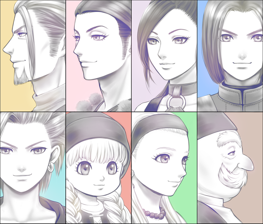 3girls, 5boys, androgynous, aqua_background, bead_necklace, beads, blue_background, blunt_bangs