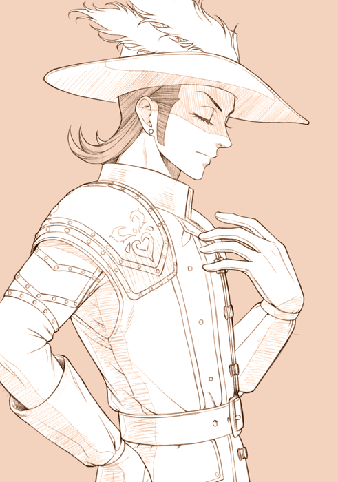 1boy, belt, closed_eyes, closed_mouth, commentary_request, dragon_quest, dragon_quest_xi, gloves, greyscale, hand_on_own_hip, hat, hat_feather, hatching_(texture), long_eyelashes, male_focus, medium_hair, monochrome, official_alternate_costume, okechinchin, profile, solo, sylvia_(dq11), upper_body