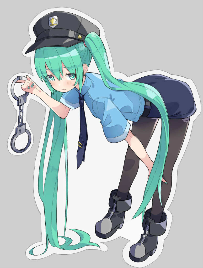1girl, alternate_costume, aqua_eyes, aqua_hair, belt, black_belt, black_hat, black_shoes