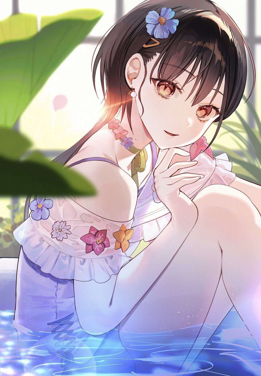 1girl, bare_shoulders, bathtub, black_hair, blue_flower, choker, commentary, dkou, falling_petals, feet_out_of_frame, flower, flower_choker, frilled_one-piece_swimsuit, frills, green_choker, green_ribbon, hair_flower, hair_ornament, hashtag-only_commentary, her-bath-rium, highres, in_bathtub, indoors, katsuragi_izumi, link!_like!_love_live!, long_hair, looking_at_viewer, love_live!, off-shoulder_one-piece_swimsuit, off_shoulder, official_alternate_costume, one-piece_swimsuit, orange_eyes, orange_flower, parted_lips, petals, pink_flower, pink_petals, plant, purple_one-piece_swimsuit, ribbon, ribbon_choker, sitting, smile, solo, swimsuit, virtual_youtuber, water, white_flower, window, wolf_cut