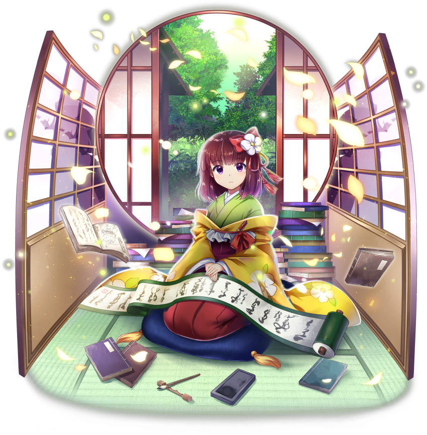 1girl, book, book_stack, boots, bow, brown_hair, brush_rest, calligraphy_brush