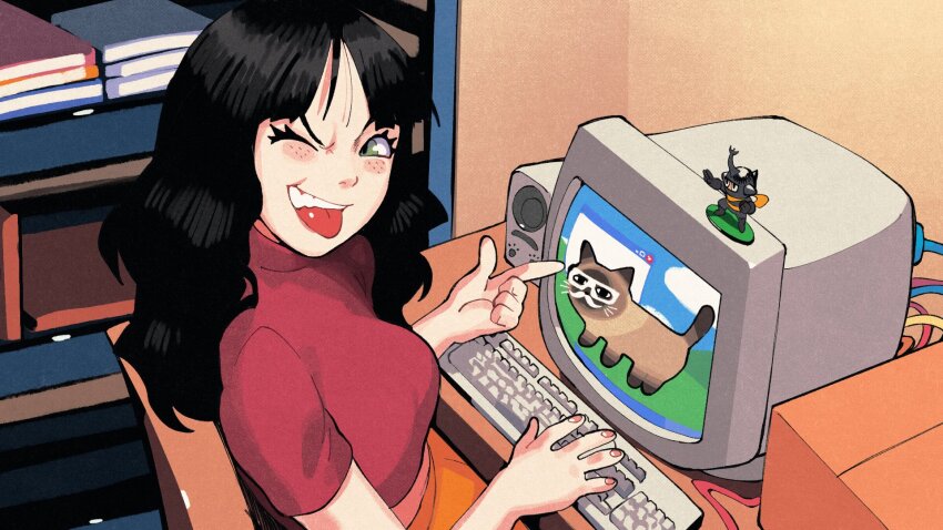 1girl, bjork, black_hair, book, box, breasts, cardboard_box, cat, chair, commentary, commission, computer_keyboard, crop_top, derivative_work, english_commentary, facial_hair, figure, freckles, highres, indoors, inkerton-kun, looking_at_viewer, monitor, mustache, one_eye_closed, original, pointing, red_shirt, second-party_source, shirt, sitting, solo, tongue, tongue_out, turtleneck