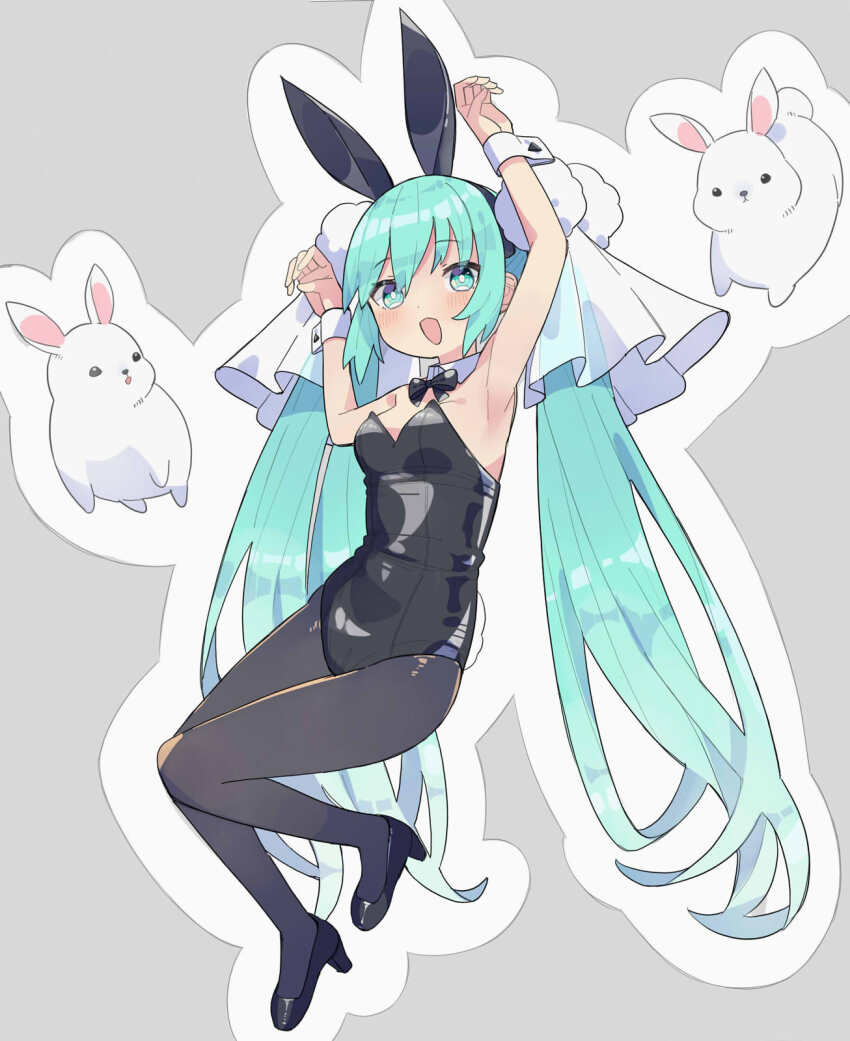 1girl, alternate_costume, animal_ears, aqua_eyes, aqua_hair, armpits, arms_up, black_leotard