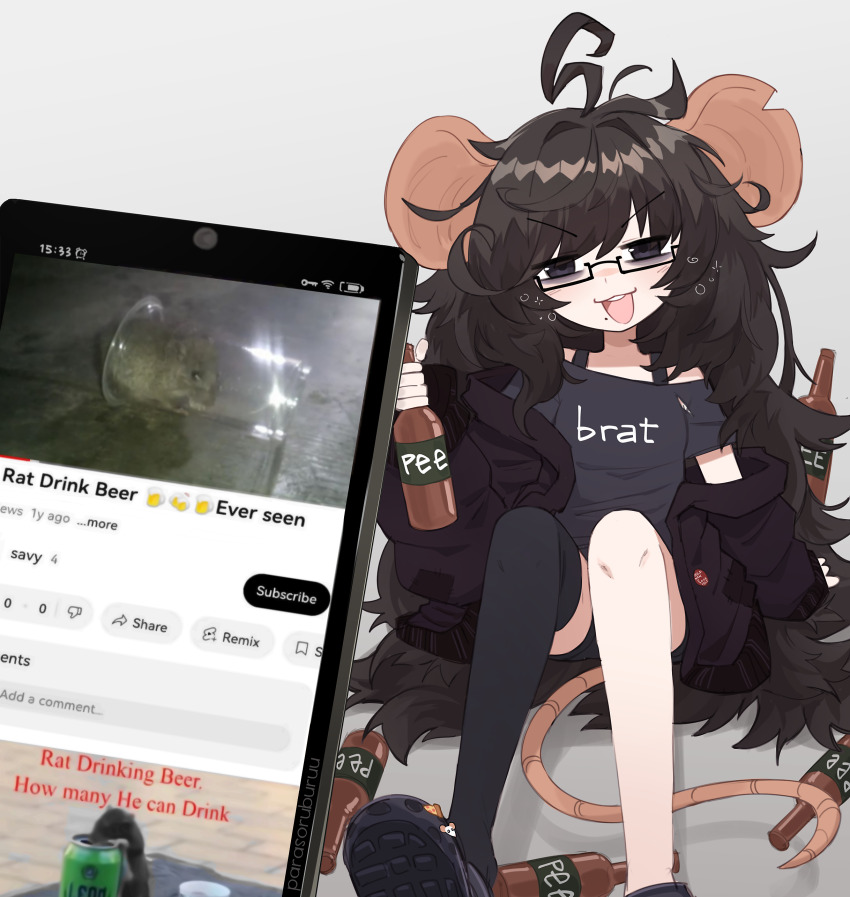 1girl, absurdres, alcohol, animal_ears, badge, bags_under_eyes, beer, beer_bottle