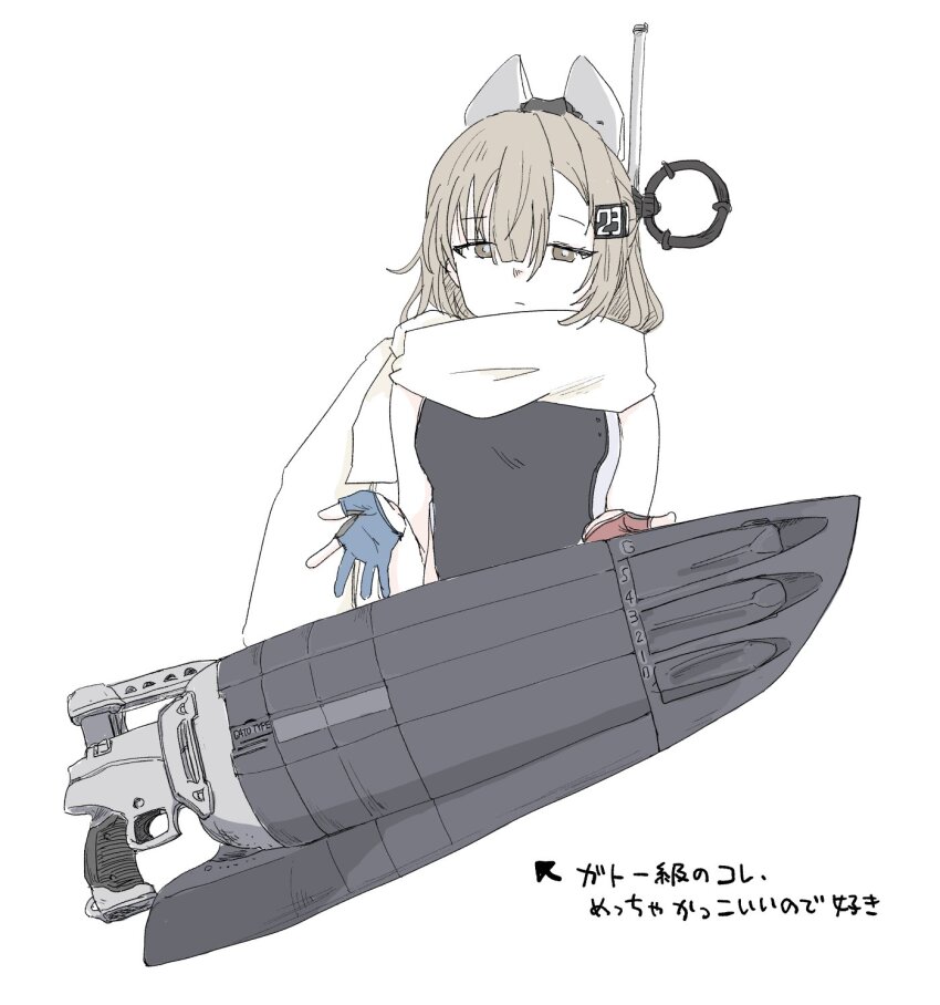 1girl, blue_gloves, breasts, brown_eyes, closed_mouth, competition_swimsuit, gloves, halca_(technodrome), highres, kantai_collection, long_hair, looking_at_viewer, one-piece_swimsuit, partially_fingerless_gloves, red_gloves, scarf, simple_background, small_breasts, solo, swimsuit, torpedo_tubes, two-tone_one-piece_swimsuit, wahoo_(kancolle), white_background