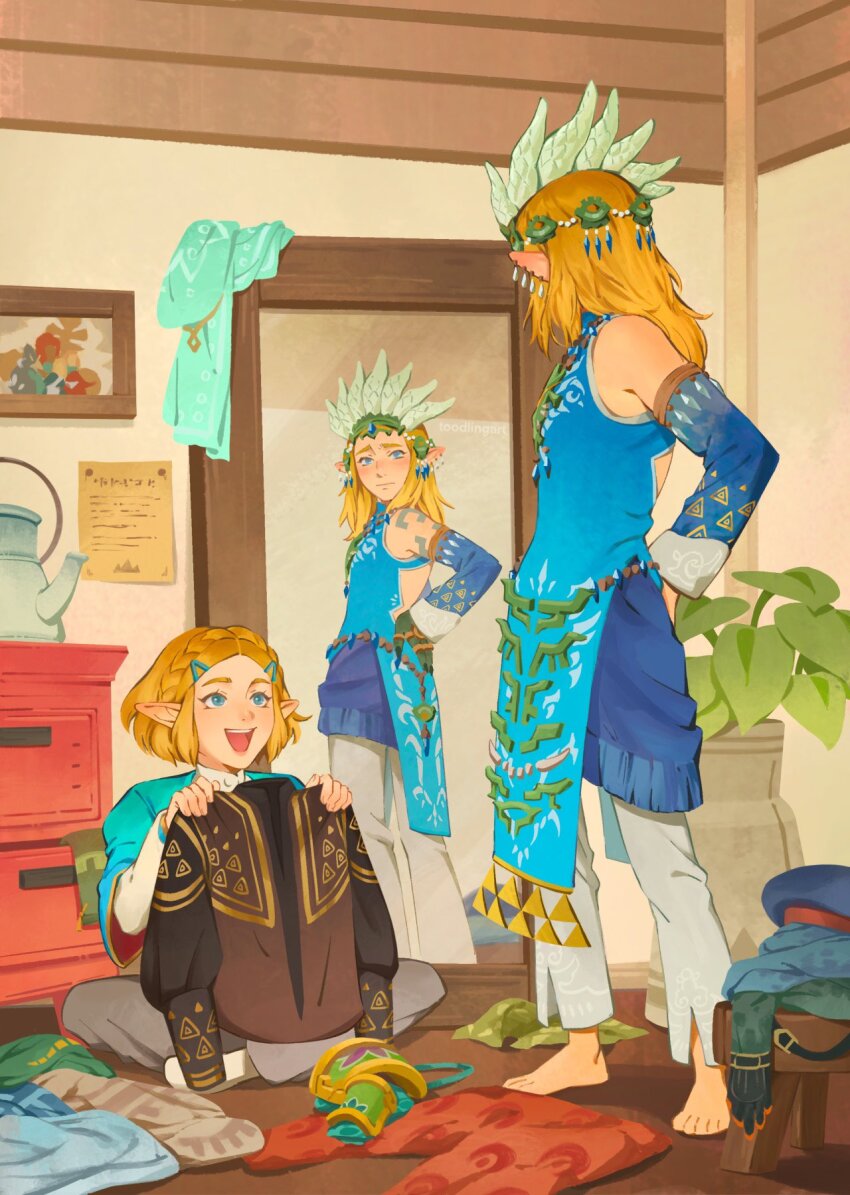 1boy, 1girl, barefoot, blonde_hair, blue_eyes, blush, daruk, detached_sleeves, frostbite_set_(zelda), highres, holding, holding_unworn_clothes, link, looking_at_mirror, mipha, mirror, nintendo, photo_(object), pointy_ears, princess_zelda, reflection, revali, short_hair, smile, standing, the_legend_of_zelda, the_legend_of_zelda:_tears_of_the_kingdom, tiara, toodlingart, unworn_clothes, urbosa