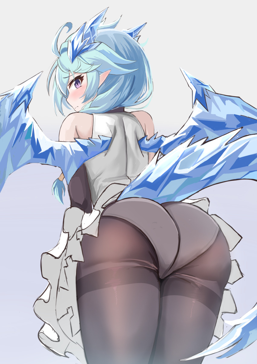1girl, absurdres, ahoge, ass, bare_shoulders, black_gloves, black_pantyhose, blue_hair