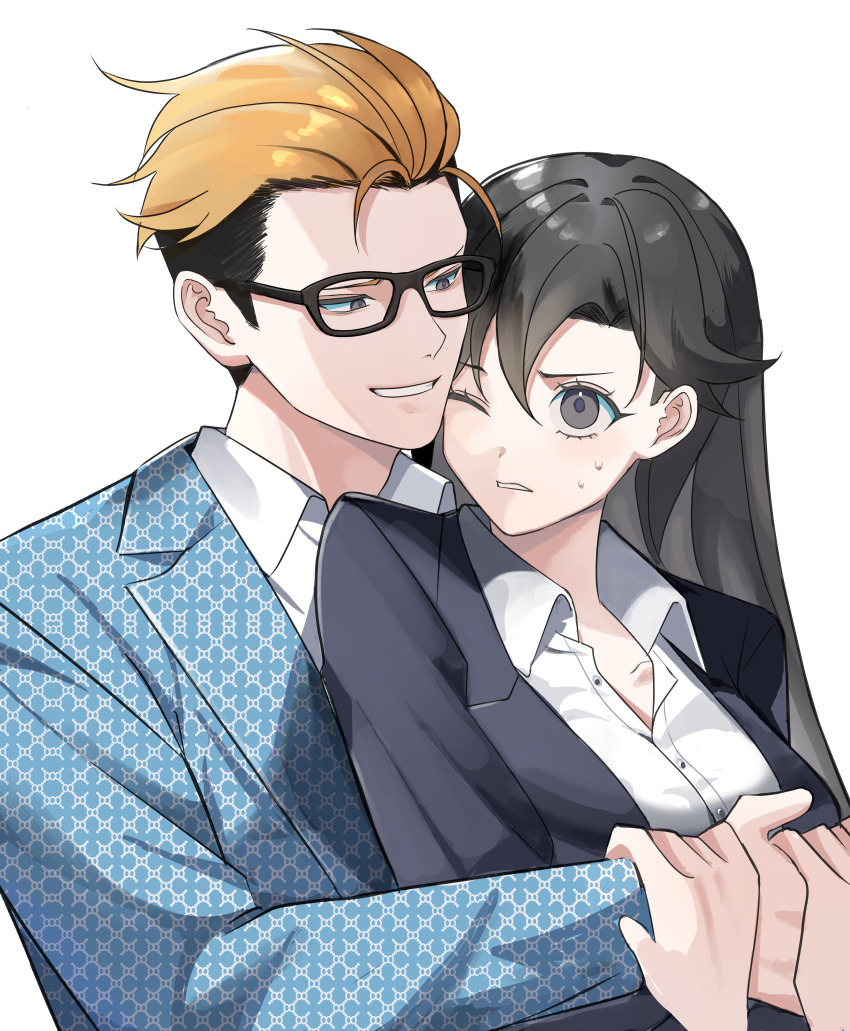 1boy, 1girl, ;), absurdres, black-framed_eyewear, black_hair, blonde_hair, blue_shirt