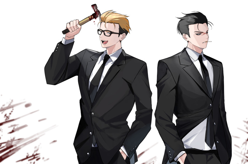 2boys, :o, absurdres, black_necktie, black_sclera, black_suit, blonde_hair, blood, bloody_weapon, cigarette, colored_sclera, formal_clothes, hair_slicked_back, hammer, hand_in_pocket, highres, holding, holding_hammer, kasuga_kaya, kim_joon_goo, long_sleeves, lookism, male_focus, mouth_hold, multicolored_hair, multiple_boys, necktie, park_jong-geon, short_hair, standing, suit, two-tone_hair, weapon, white_background