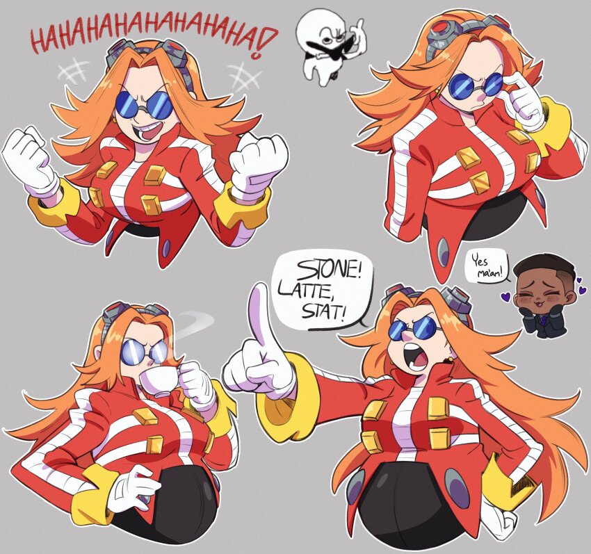 1boy, 1girl, absurdres, agent_stone, animal_ears, blue-tinted_eyewear, blue_eyes, breasts, coat, dr._eggman, eggma'am, facial_hair, fat, fat_woman, genderswap, genderswap_(mtf), gloves, goggles, goggles_on_head, grin, highres, long_hair, long_sleeves, mustache, nikkikaji, orange_hair, red_coat, round_eyewear, smile, sonic_(live_action), sonic_(series), sonic_the_hedgehog_(movie), sunglasses, thighhighs, tinted_eyewear, white_gloves, zipper_pull_tab