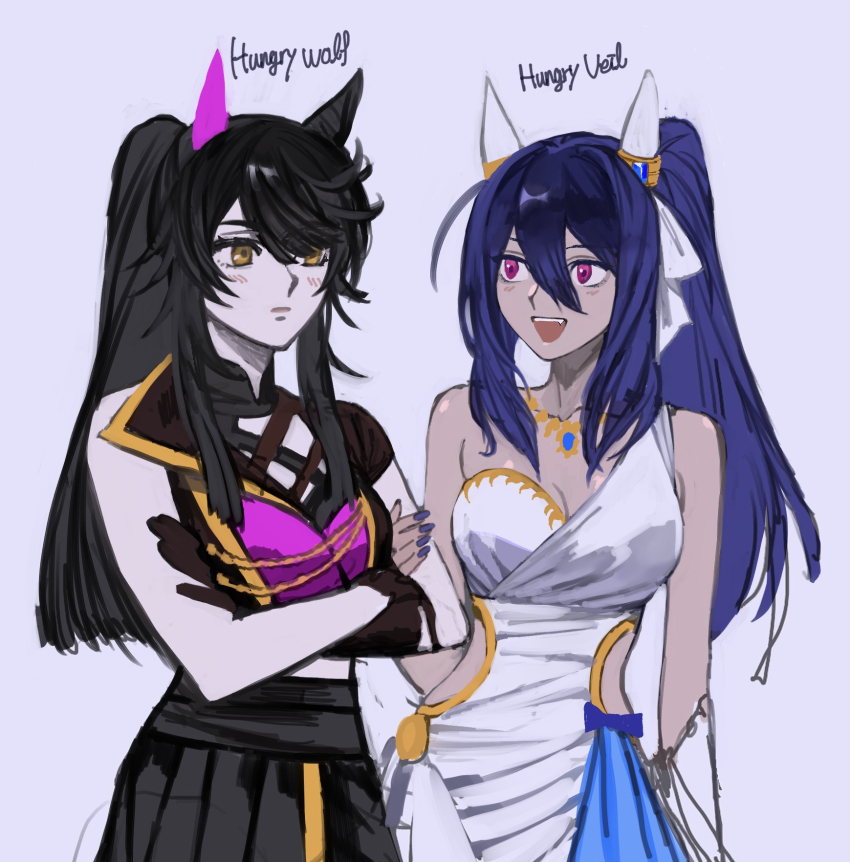 2girls, asymmetrical_gloves, bare_shoulders, black_gloves, black_hair, black_shirt, black_skirt, blue_hair