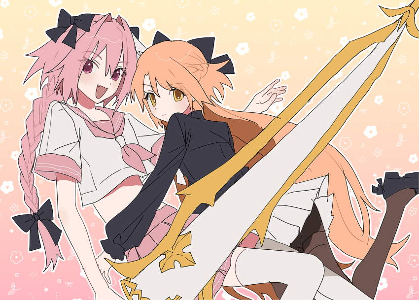 1boy, 1girl, astolfo_(fate), astolfo_(sailor_paladin)_(fate), blonde_hair, bow, braid, couple, crossdressing, crossdressing_(mtf), fang, fate/grand_order, fate_(series), hair_bow, highres, holding, holding_polearm, holding_weapon, koyashaka, lance, liss_meier_(koyashaka), long_hair, oc_x_canon, pink_hair, polearm, skirt, trap_of_argalia, very_long_hair, weapon