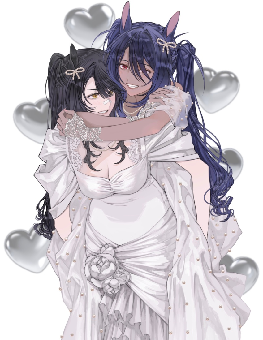 2girls, animal_ears, arms_around_neck, balloon, bandaid, bandaid_on_face, bandaid_on_nose, black_hair