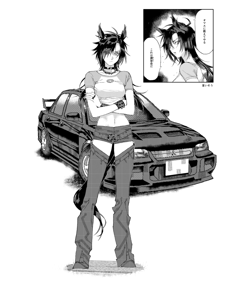 1girl, absurdres, air_shakur_(umamusume), animal_ears, asymmetrical_bangs, breasts, car, choker