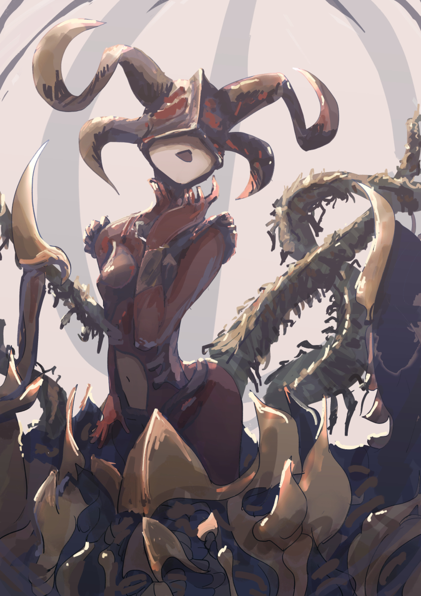 1girl, arthropod_limbs, asakazu, black_helmet, bodysuit, breasts, clothing_cutout, covered_eyes