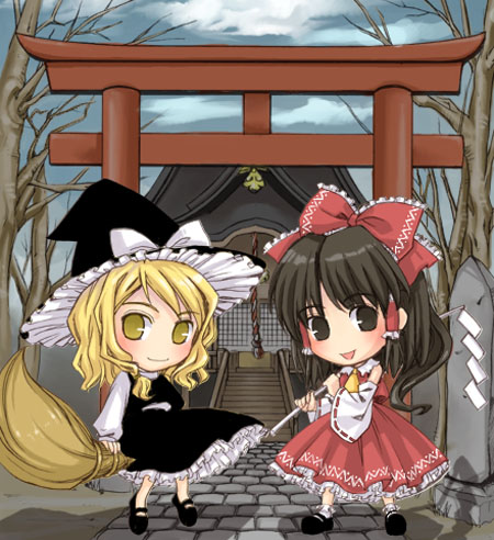 2girls, aro_s, bare_tree, black_eyes, black_hair, blonde_hair, broom, broom_riding