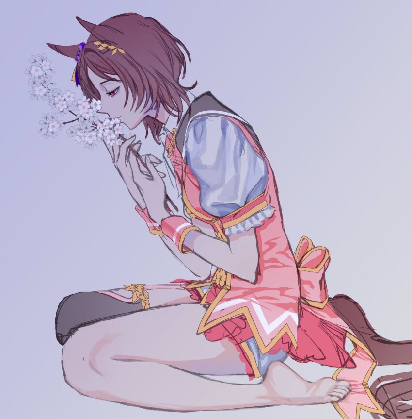 1girl, animal_ears, branch, brown_hair, cherry_blossoms, closed_mouth, flower, from_side